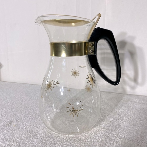 Vintage MCM PYREX Gold Atomic Print Glass Carafe W Lid - Picture 1 of 13
